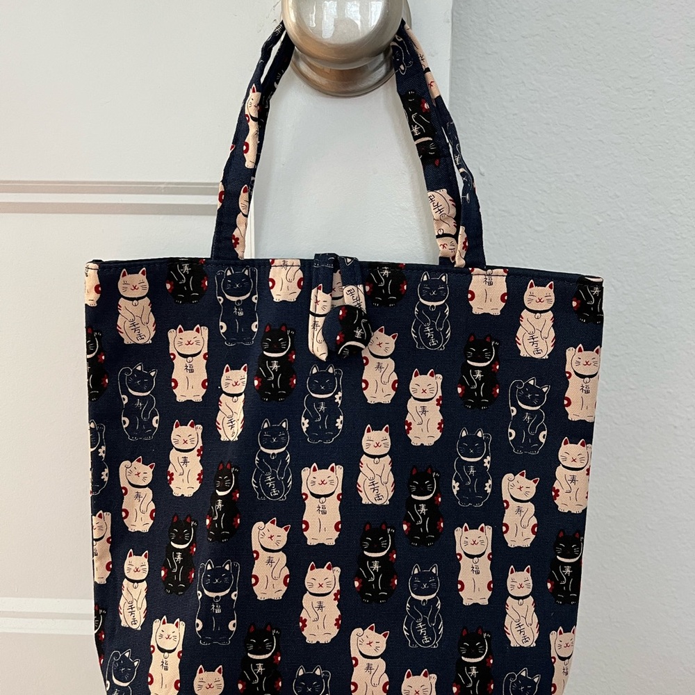 Beckoning Cat Print Tote Bag - Navy Blue